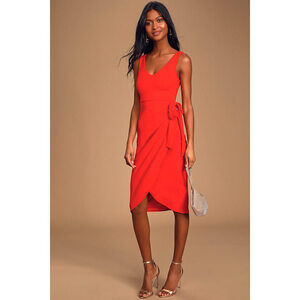 Lulus Do It Best Red Sleeveless Faux-wrap Midi Dress - Size S